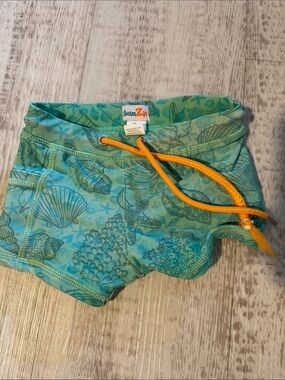 SwimZip Kids Sea Shell Print Swim Trunks in Aqua with Orange Drawcord